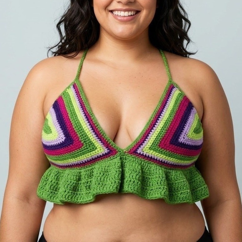 Crochet Tank Top Womens XL Green Ruffle Boho Festival Handmade Bikini Beach Fun